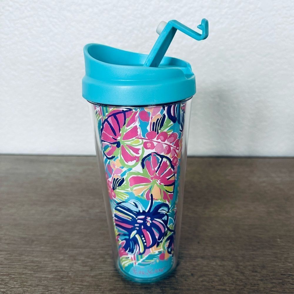 Lilly Pulitzer Tropical Floral Blue Travel Tumbler Mug Cup